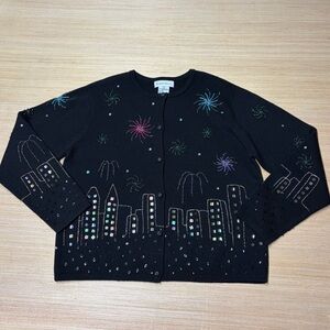 Vintage 90s Robert Scott Sweater Cardigan Wool Black Womens Large Bling Sequin
